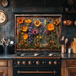 Floral Kitchen Backsplash Wall Art for Sink Back, Wildflowers Backsplash Behind Stove, Stove Back Cover- Tempered Glass Backsplash for Oven
