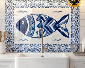 Tempered Glass Backsplash for Kitchen Stove, Mediterranean Fish Tile Art, Cooktop Grease Guard, Fish Tile Kitchen Decor Back Splash Panel