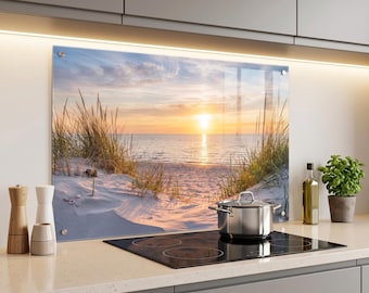 Tempered Glass Backsplash, Sun Sea Beach Grass Coastal Landscape Backsplash, Kitchen Wall Art for Stove Behind