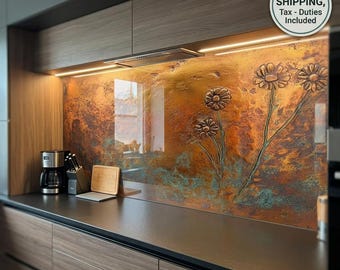 Copper Patina Wildflowers Tempered Glass Kitchen Backsplash Behind Stove, Custom Size Floral Backsplash Multi-Mount Stovetop Wall Guard