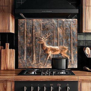 Glas Backsplash-Woodland Deer Kupferoptik Küchen Backsplash für Herd, wunderliches gehärtetes Glas Splashback, Leuchtturm Backsplash Herd