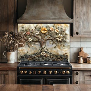 Glass Backsplash, Tree Of Life Marble Look One Piece Glass Stove Back Splash, Floral Tempered Glass Kitchen Backsplash Panel for Kitchen