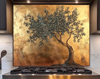 Ulivo decorativo - Opera d'arte su vetro temperato effetto placcatura dorata per paraschizzi del forno, decorazione murale in vetro per la cucina dietro i fornelli, paraschizzi del lavello