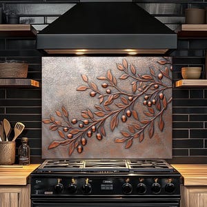 Olive Tree Branches Backsplash for Kitchens, Bathrooms - Tempered Glass-, Kitchen Wall Art, Copper and Silver Look Kitchen Backsplash Tile