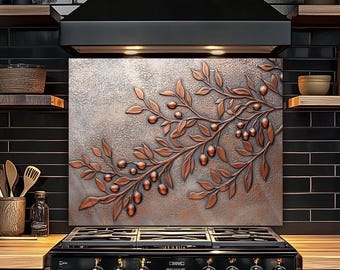 Rivestimento decorativo con rami d'ulivo per cucine e bagni - Vetro temperato - Decorazione murale per cucina, Piastrelle per rivestimento paraschizzi effetto rame e argento