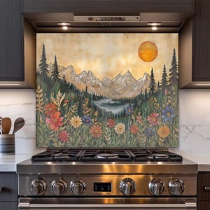 Backsplash-William Morris Style Glass Art Spatscherm - Bergketens Wilde bloemen Fornuis, Achterwand van gehard glas, Achterwand oven