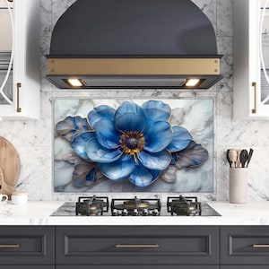 Carrelage d'une seule pièce pour dosseret, décoration florale pour le dessus de la cuisinière pour le dosseret, décoration murale fleurs bleues pour la cuisine, dosseret de poêle derrière le mur