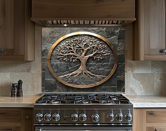 Tree of Life Copper Look Backsplash Wall Art for Kitchen, Modern Tempered Glass Backsplash, Useable Behind Sink, Rustic Panel for Stove Back