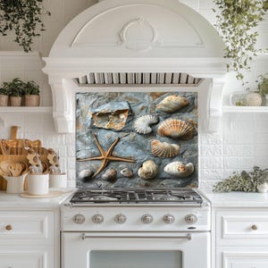 May include: A kitchen backsplash featuring a collection of seashells and a starfish against a textured, gray stone background. The shells vary in size, shape, and color, with shades of brown, white, and tan. The design evokes a coastal or nautical theme.