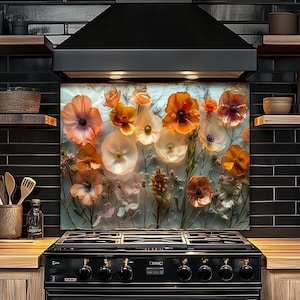 Floral Tempered Glass Splashback- Kitchen Backsplash, Stove Splashback, Sink Backsplash, Wildflowers Stovetop Backsplash, Stove Back Cover