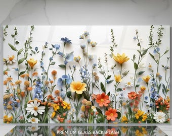 Glass Backsplash Wildflowers, Floral Splashback, Wildflowers oven back splash for kitchen,Stove Back Splash Floral,Tempered Glass Backsplash
