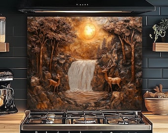Glass Backsplash - Mama Deer with Her Baby in Woodland, Waterfall Landscape with Sunshine Backsplash for Kitchen Stovetop, Deer Backsplash