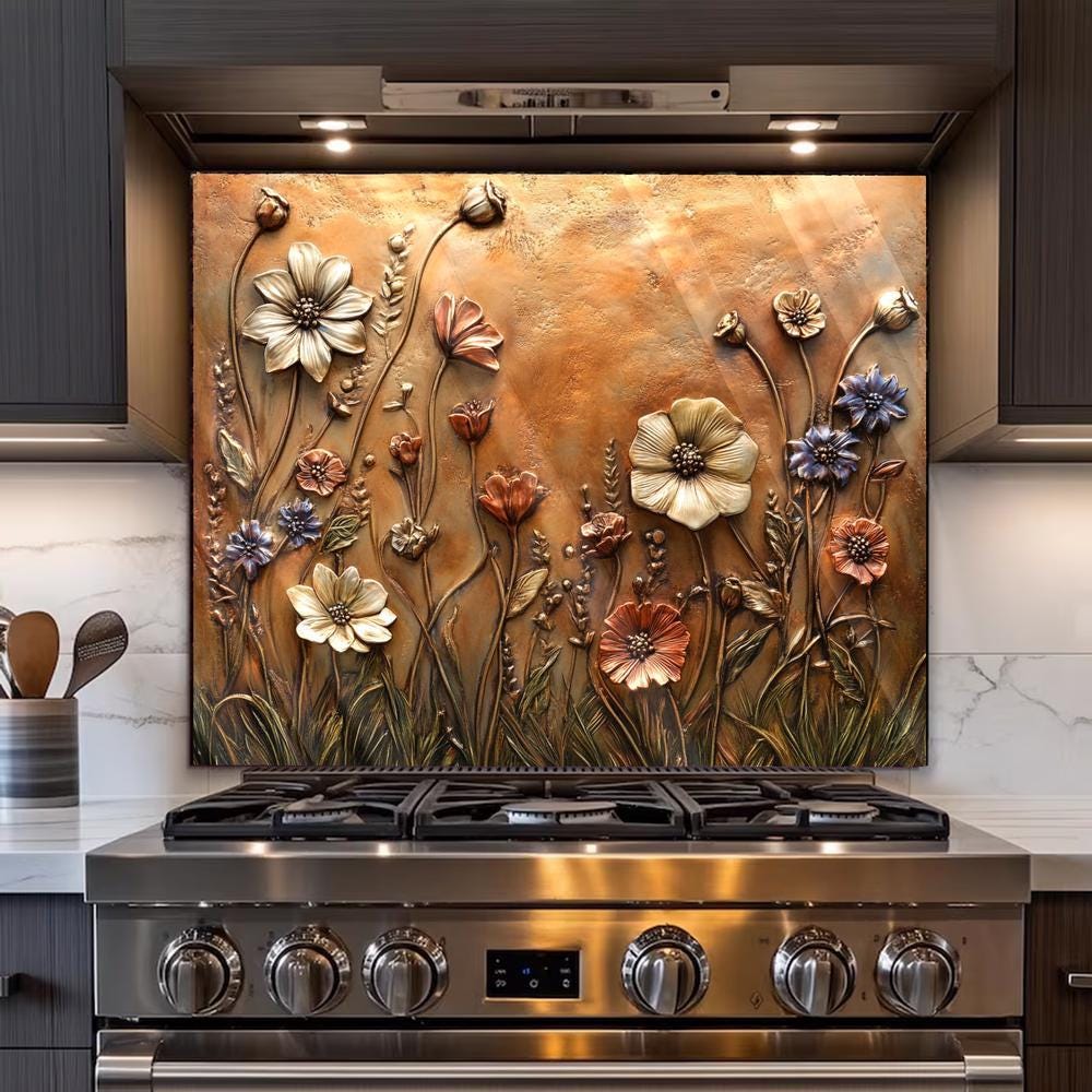 Kitchen Backsplash Wall Art, Wildflowers 3D Look Tempered Glass Backsplash, Stove Backsplash for Kitchen, Oven Backsplash, Floral Backsplash