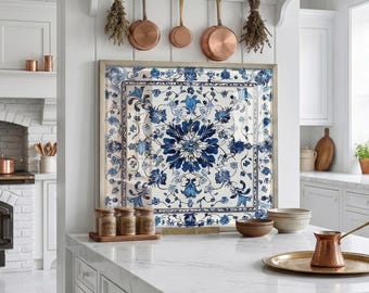 Azulejo Tile Tempered Glass Backsplash, Blue and White Floral Stove Backsplash, Mediterranean Kitchen Decor, Cooker Guard, Panel Wall Art