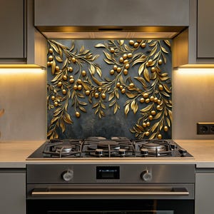 Aesthetic Backsplash, Olive Branches with Leaves Kitchen Backsplash, Olive Tree Stove Backsplash, Kitchen Backsplash Wall Art Glass