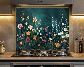 Vintage Wildflowers Kitchen Backsplash, Tempered Glass 4mm Wall Art, Stove Backsplash Panel, Oven Backsplash, Adorable Backsplash Floral