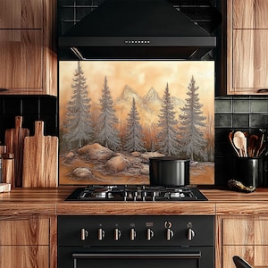 Tempered Glass Kitchen Backsplash Wall Art, Pine Tree Backsplash, Nature Inspired Backsplash,Woodland Backsplash,Landscape Stove Back Splash