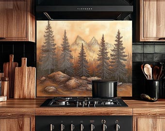 Tempered Glass Kitchen Backsplash Wall Art, Pine Tree Backsplash, Nature Inspired Backsplash,Woodland Backsplash,Landscape Stove Back Splash