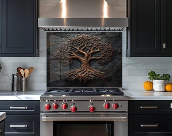 Tree of Life Copper Look Tempered Glass Kitchen Backsplash, Useable Behind Sink, Stove Backsplash, Wall Art