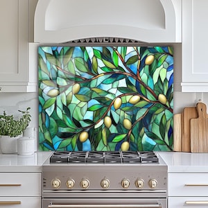 Stove Backsplash, Olive Tree Branches with Leaves Stained Glass Look Tempered Glass Kitchen Backsplashes, Floral Stove Back Splash Panel