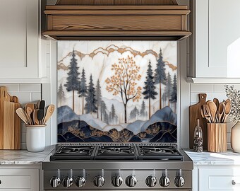 Forest Pine Tree Tempered Glass Backsplash, Kitchen Splashback Behind Stove, Stove Back Cover, Woodland Mountain Wall Art, Noodle Board