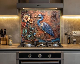 Blue Heron Kitchen Backsplash Wall Art, Vintage Copper Relief Look Backsplash Tile,  Bird with Floral Oven Backsplash-Tempered Glass