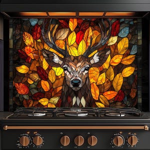 Glass Backsplash-Adorable Glass Art Deer Design Backsplash, Stained Glass Look One Piece Back Splash, Tempered Glass Stove Backsplash Deer