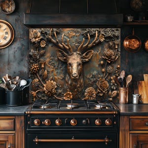 Copper Look Deer Tempered Glass Backsplash-Stove Backsplash, Kitchen Backsplash- Cooker Splashback- Backsplash Wall Art- Sink Splash Guard