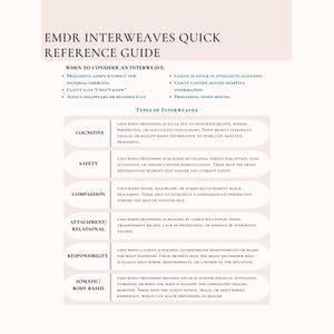 Puede incluir: Una guía de referencia beige y blanca titulada "EMDR Interweaves Quick Reference Guide". La guía enumera cuándo considerar una interconexión y diferentes tipos de interconexiones, incluyendo Cognitivo, Seguridad y Compasión. El texto está en una fuente sans-serif.