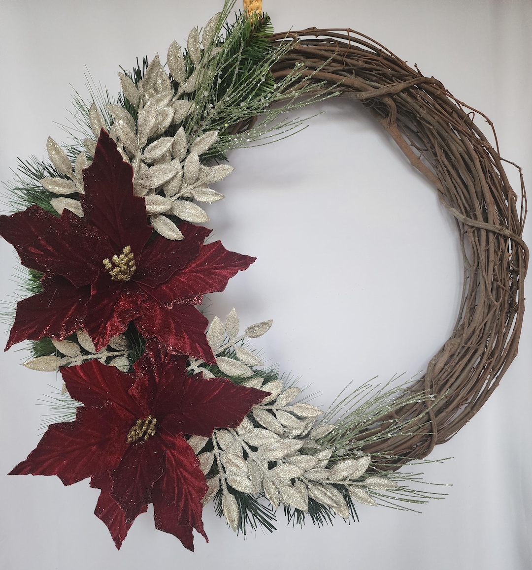 Christmas Grapevine Wreath With Burgundy Velvet Poinsettias - Etsy