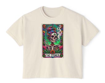 Boho Boxy Tee - Camiseta gráfica Stoner, perfeita para festivais, uso casual, presente para ela, vibrações de verão, camiseta de arte exclusiva