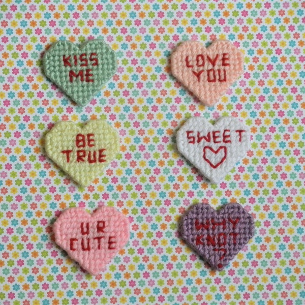 Conversation Heart Magnets / Plastic Canvas Heart Magnets / Set of 6 Magnets / Valentine's Day Magnets