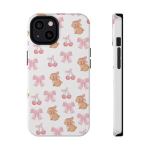 Phone Case, Adorable Pastel Bunny & Cherry Bow Cute Aesthetic Trendy Protection, Impact-Resistant Cover, Phone Accessories, Kawaii Gift