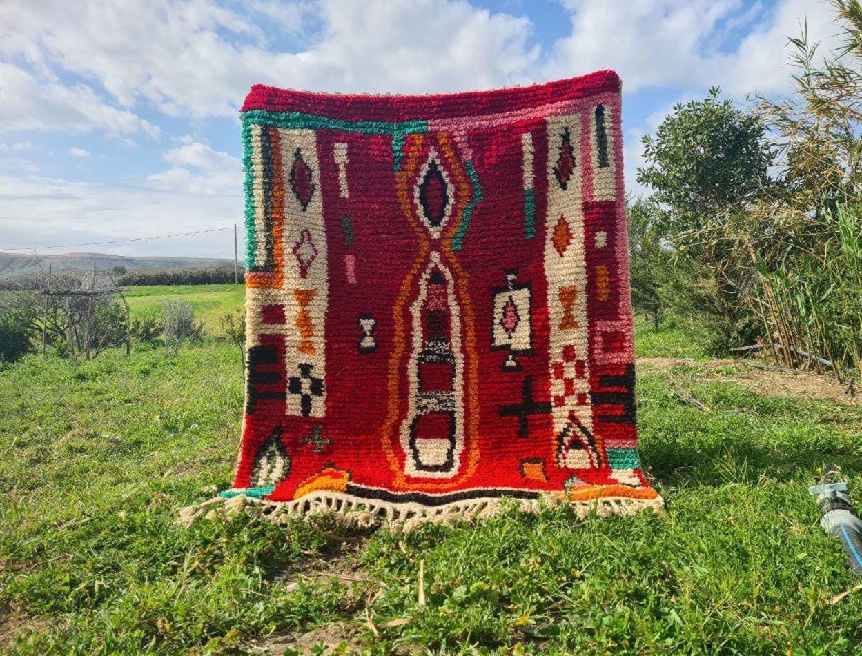 Handmade Red Moroccan Rug: Berber Azilal Style, Custom Design