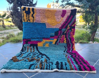 Handmade Colorful Wool Moroccan Rug: Vibrant Boho Design