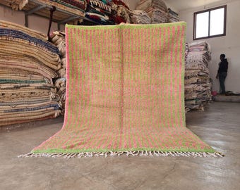 Handwoven Moroccan Wool Rug: Pink & Green Striped Berber Carpet