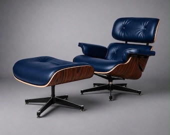 Wood And Leather Chair Modern Lounge Chair And Ottoman – Blue  Leather