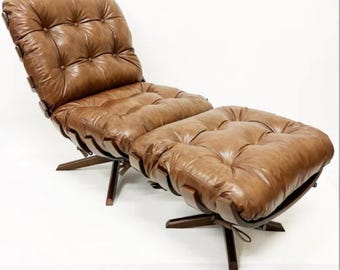 Tufted Leather Lounge Chair with Ottoman – Mid Century Modern Recliner Set