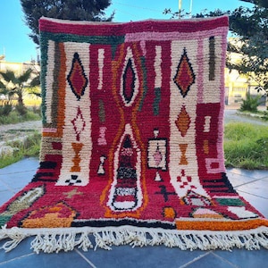 Benutzerdefinierter marokkanischer roter Teppich, Bunter Beni Ourain Teppich, Tapis Berber, Teppich für Wohnzimmer, roter Marokkanischer Teppich, handgefertigter Azilal Teppich,