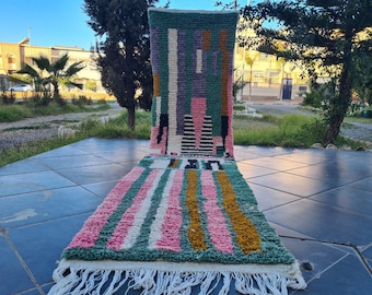 Hallway Boujaad Moroccan Berber Wool Runner Rug With Geometric Pattern, Colorful beni ourain rug, tapis moroccan gift, handmade azilal rug,
