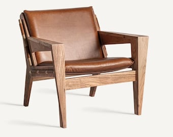 Luxury Solid Wood & Genuine Leather Lounge Chair, Modern Scandinavian Accent Armchair