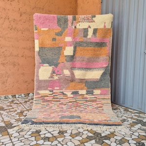 Handmade Moroccan Wool Rug: Pink Orange Bohemian Beni Ourain Style