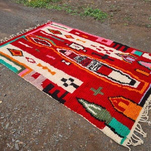 Custom Moroccan Red Rug, Colorful beni ourain rug, tapis berber, rug for living room, red moroccan rug, handmade azilal rug,