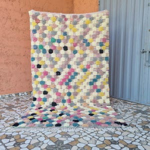 Handwoven Checkered Berber Rug: Colorful Moroccan Azilal Wool