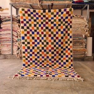 Handwoven Checkered Wool Rug: Colorful Berber Azilal Design