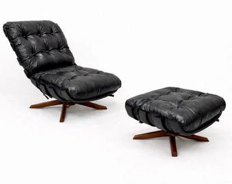 Black Tufted Leather Lounge Chair with Ottoman – Mid Century Modern Recliner Set