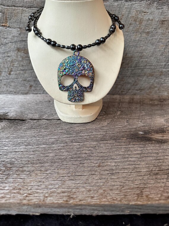 Rainbow Sugar Skull Pendant Hand Beaded Magnetic Hematite Memory