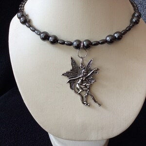 Whimsical fairy hand beaded magnetic hematite memory wire choker necklace