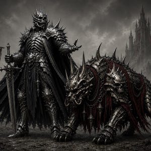 Puede incluir: Ilustración de fantasía oscura que representa a un caballero con una armadura ornamentada y puntiaguda, sosteniendo una espada, junto a una bestia monstruosa y blindada. Un castillo se vislumbra en el fondo. La paleta de colores es principalmente de tonos grises y negros, con toques de rojo.