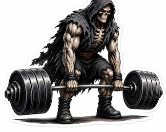 May include: A muscular skeletal figure with red eyes wearing a tattered black hooded cloak, dark wristbands, and boots, performing a deadlift with a heavy metal barbell featuring large circular weight plates on each side of the long steel bar.